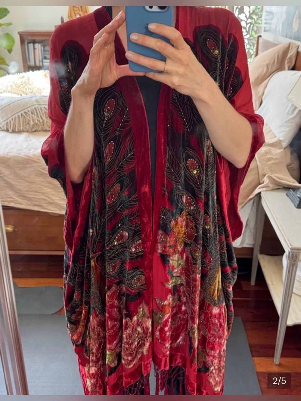 Red Velvet Embroidered Peacock Motif Women's Shawl Wrap